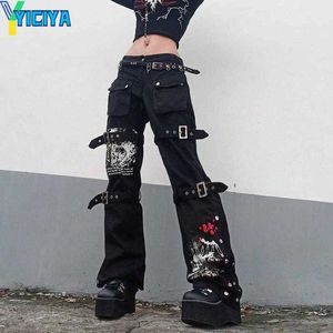 Yiciya y2k punk czaszki druk czarne spinki klamry harajuku wysoko talia duże spodnie kieszonkowe Goth Mall Grunge Spodnie Techwear