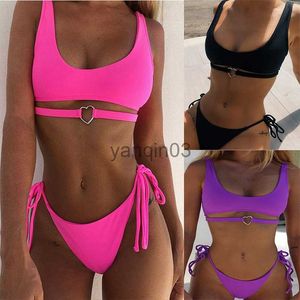 Costumi da bagno da donna Anello a cuore Rosa neon Bikini push-up a vita alta Costume da bagno con perizoma Cinturino Fasciatura Costumi da bagno Costume da bagno femminile Halter Top 2022 J230603