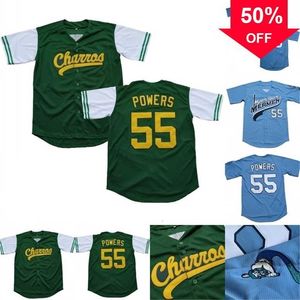 Xflsp GlaMit Mens Kenny Powers #55 Eastbound and Down Mexican Charros Kenny Powers 100% Stitched Movie Baseball Jersey Green Blue Fast Shipping