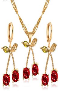 2020 Nowy zestaw biżuterii z wiśni do ślubnej biżuterii ślubnej Złote Splatane Czerwone Kolczyź w zawieszki wiśniowe