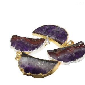 Colares com Pingente 2023 Pedra de Cristal Roxo Natureza Geode Druzy Ametista Lua Para Colar Feminino Feminino Quartzo Ouro Ou Prata Banhado 5pc