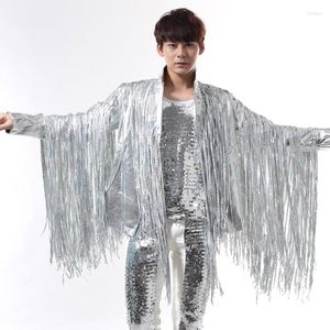 Herrdräkter Män design Tassel Silver Stage Costumes For Singers Sequin Blazer Dance Clothes Jacket Star Novely Dress Punk