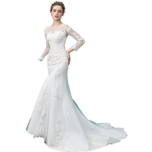 Plus -storlek Vit långa ärmar Tulle Mermaid Wedding Dresses Sweep Train 2020 Jewel Neck Lace Applicques Slim Wedding Clowns2544
