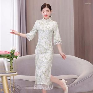 Casual Dresses Spring Improved Dress Chinese Style 2023 Fashion Stand Collar Lace Spliced Cheongsam Green Elegant Slim Vestidos Qipao Z754