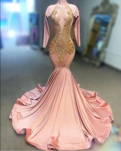 Arabic Aso Ebi pearl Pink Mermaid Prom Dresses Crystals Beaded sheer neck long sleeve stain evening occasion gown Robe De Soiree