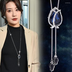 Pendant Necklaces Tulip Sweater Chain Long Style Inlaid Rhinestone Water Drop Necklace Women's Fashion Anniversary Wedding Jewelry