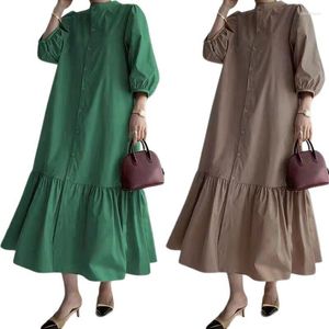 Casual Dresses Elegant Women Muslim Solid Color Shirt Dress Maxi Abaya Dubai Stand Collar Robe Turkey Arab Islamic Clothes Femme Musulman