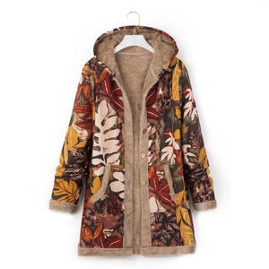 Women's Trench Coats Women Vintage Loose Hooded Coat Flower Print Fleeces Lining Buttoned Cardigan Winter Warm Parka Outerwear Windbreaker