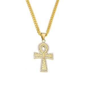 Pendant Necklaces Men Women Ankh Keys Cross Statement Necklace Egyptian Jewelry Bling Rhinestone Gold Plated Stainless Steel Chain L Dh0Rz