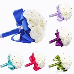 New Bridal Bouquet Wedding Decoration Artificial Bridesmaid Flower Crystal Silk Rose WF001 Royal Blue Mint White Green Lilac Cheap301H