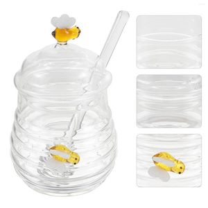 Servis uppsättningar Glass Honey Jar burkar maträtt med dipper och lock stor kruka dispenser