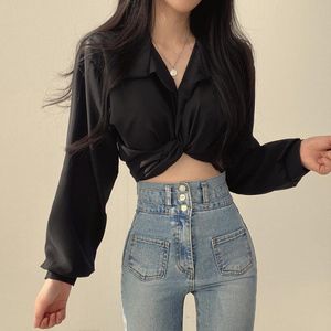 Polos coreano chique início da primavera francês nicho design sentido laço laço exposto umbigo camisa cortada top mulher