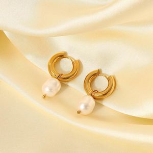 Orecchini a cerchio Fashion Ins Wind Plated 18k Gold Stainless Steel Natural Freshwater Pearl Pendant Ear Ring Women