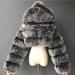 Fur High Quality Furry Cropped Faux Fur Coats and Jackets Women Fluffy Top Coat with Hooded Winter Fur Jacket Manteau Femme