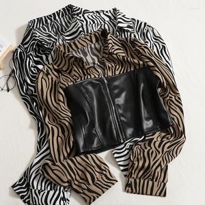 Kvinnors blusar WDMSNA Lapel Leopard Print damer Skjorta sömmar Läderkontrast Färg Hög midjeblus för kvinnor Fashion Long Sleeve