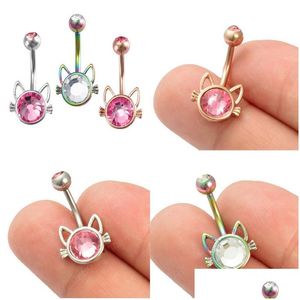 Navel Bell Button Rings Cat Belly For Woman Piercing Acciaio chirurgico Bar Barbell Zircon Dangling Ombligo Y Body Jewelry Drop Deliver Dhufo