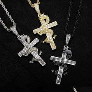 Hänge halsband kinesisk stil drake cross halsband chinachic kubik zirkonia cz sten hiphop smycken diamant manlig mode 14k rea dhs9g