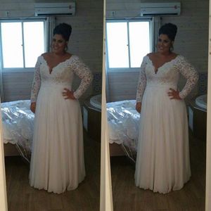 Plus Size Wedding Dresses With Long Sleeves Lace Deep V-neck Chiffon Long Bridal Gowns vestido de novia Wedding Dress Beach Summer209c