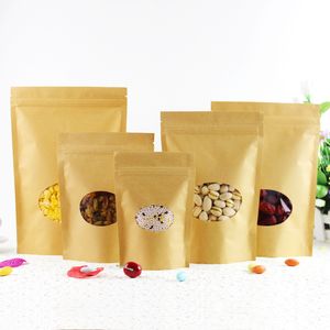 100pcs Thick Stand up Kraft Paper Clear Oval Window Zip Lock Bag Resealable Coffee Powder Snack Cereals Candy Bakery Sugar Gifts Packaging Storage Pouches