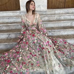 Urban Sexy Dresses Sevintage Eleganter Blumen-Tüll-Abschlussball mit langen Ärmeln, V-Ausschnitt, Spitzenapplikationen, A-Linien-Abendkleid, formelles Partykleid 230601