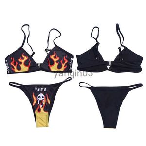 Women's Swimwear Sexy Women Flame Printed Bikini Set Anime Goth Low Cut Shoulder Strap Back Hook Connected Bra Low Waist Skull Pattern Thongs J230603