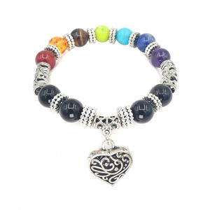 JLN Heart Charm Seven Chakra Bracelet Natural Stone Amethyst Tiger Eye Alloy Charm With Antique Silver Spacer Yoga Bracelets For Women Girls Lovers