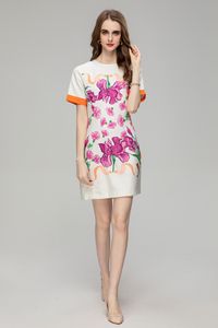 2023 Spring/Summer Women's Beaded Dress Original Designer Fashion Purple Flower Print Round Neck Short Sleeve Elegant Dress