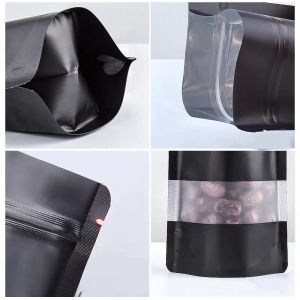 Black 100pcs Üst düzey tüm boyutlarda mat, açık pencereli kuru gıda depolama paketi ile ambalaj torbaları alüminyum folyo paketleme çantası doypack