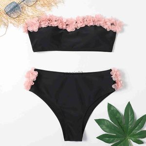 Roupa de banho feminina bonito biquíni flor biquíni preto sem alças biquíni duas peças feminino sexy cintura média maiô J230603