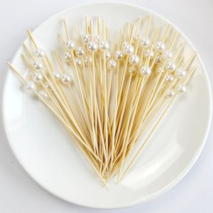 Disposable Dinnerware 100pcs Wedding Pearl Disposable Bamboo Skeleton Wooden Cocktail Kimchi Snack Fork Skeleton Wedding Party Supplies