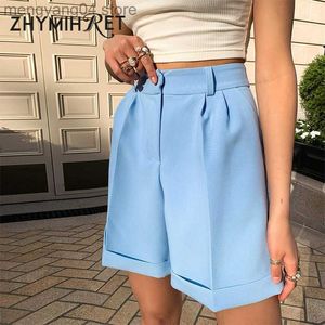 Shorts Feminino ZHYMIHRET Azul Elegante Terno de Cintura Alta Shorts Feminino 2023 Verão Casual Sólido Bermuda de Perna Larga Com Bolsos T230603