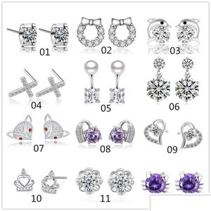 Stud Mix Style 925 Sterling Sier Plated Earrings Heart Crown Cross Charm för Women Jewelry Drop Delivery Dhikm