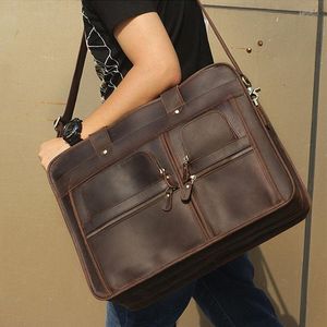 Evrak çantaları vintage orijinal inek deri erkek çantası çanta 17 inç dizüstü bilgisayar seyahat çantası çok işlevli büyük omuz iş tote
