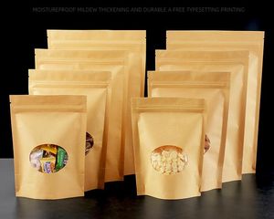 100pcs Thick Stand up Kraft Paper Clear Oval Window Zip Lock Bag Resealable Coffee Powder Candy Bakery Sugar Gifts Packaging Storage Pouches