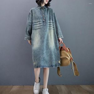 Casual Dresses Autumn Long Denim Women Sleeve Jeans Dress Mori Girl Vintage Washed Overdimensionerade klänningar Robe Femme