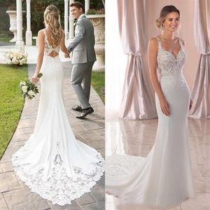 2021 Beach Wedding Dresses Bridal Gown Spaghetti Straps Mermaid Lace Applique Sweep Train Backless Custom Made Vestido de novia258i