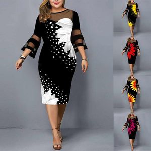Dress Plus Size Dress Women Evening Party 2021 Midi Elegant Mesh Lace Print Floral Casual Black Vintage Knitted Clothing 4xl 5xl 6xl