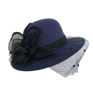 Cappelli a tesa larga Cappelli a secchiello Cappello a cilindro in raso nero con fiocco nero francese Banchetto da donna Elegante abito da celebrità britannico Fascinator Sposa da sposa Cappello Fedora blu 230602