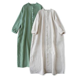 Dresses Cotton Linen Summer Shirt Dress Women Solid Color Long Blouses Hemp Vintage Robe Single Breasted Loose Large Szie Clothes I212