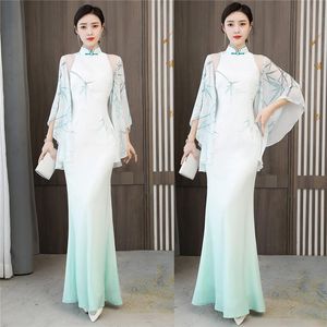 Dresses 2021 Spring Autumn New Costumes Banquet Runway Cheongsam Dress Chinese Style Clothing Cloak Sleeve Qipao Female Robes Y1469