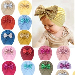 Beanie/Skull Caps Selling Baby Imitation Cotton Warm Pure Color Hairband Headgear Children Sequin Bow Scarf Kids Bling Hair Accessor Dhd3Z