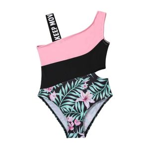 Roupa de banho feminina assimétrica ombro oco de peça única piscina de praia infantil 4-14 anos maiô menina P230602