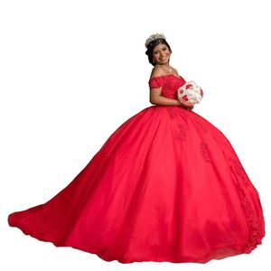 2022 Red Lace Quinceanera Dresses Off The Shoulder Ball Gowns Tulle Applique Beaded Sweet 16 Dress Corset Back206o