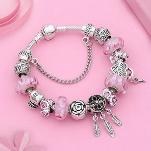 Charm Bracelets Flor Rosa Conta de Cristal Cor Prata Apanhador de Sonhos Pulseira com Chave de Coração