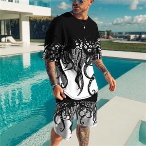 Agasalhos masculinos de verão 3D polvo manga curta camiseta impressa 2 peças roupas esportivas retrô roupas de rua respirável jogger P230603