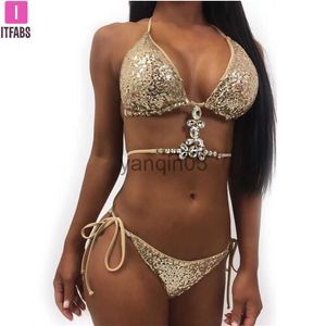 Kvinnors badkläder Nya bikiniskristallstrasser Glitter ädelstenar Badkläder Kvinnor Bikini Set Beach Brazilian Bathing Suit Swimsuit Push Up J230603