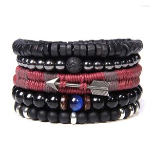 Conjunto de pulseiras de couro envoltório multicamadas com seta corda vermelha contas de pedra de madeira preta pulseiras masculinas hematita tribais
