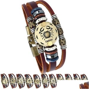 Braccialetti con ciondoli 12 Segno zodiacale Oroscopo Bracciale in pelle da uomo Cinturino retrò vintage per le donne Gioielli di moda Regali Drop Delivery Dhscd