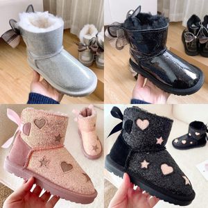 Australia Classic uggly kids boots girls uggs shoes Bow Children Winter Snow Pink uggi boot baby kid shoe Bailey youth toddler black wggs sneaker Black size eur 25-35