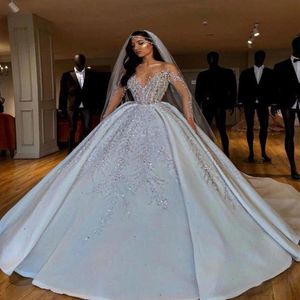 Luxury Sheer Neck Arabic Ball Gown Wedding Dress Long Sleeve Beaded Applique Sweetheart Button Back Long Train Wedding Gowns288p